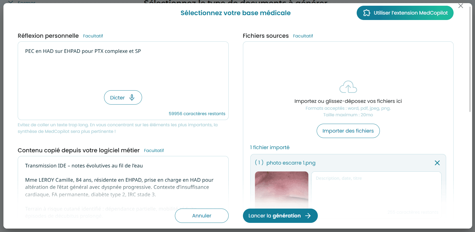 Écran d'import MedCopilot — réflexion personnelle, fichiers sources et contenu copié depuis le logiciel métier sont assemblés en une seule base médicale.