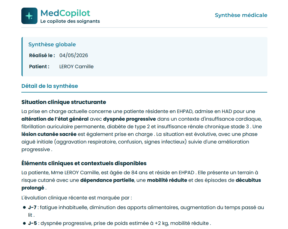 Export PDF MedCopilot — synthèse globale formatée et prête à être déposée dans le DSI.
