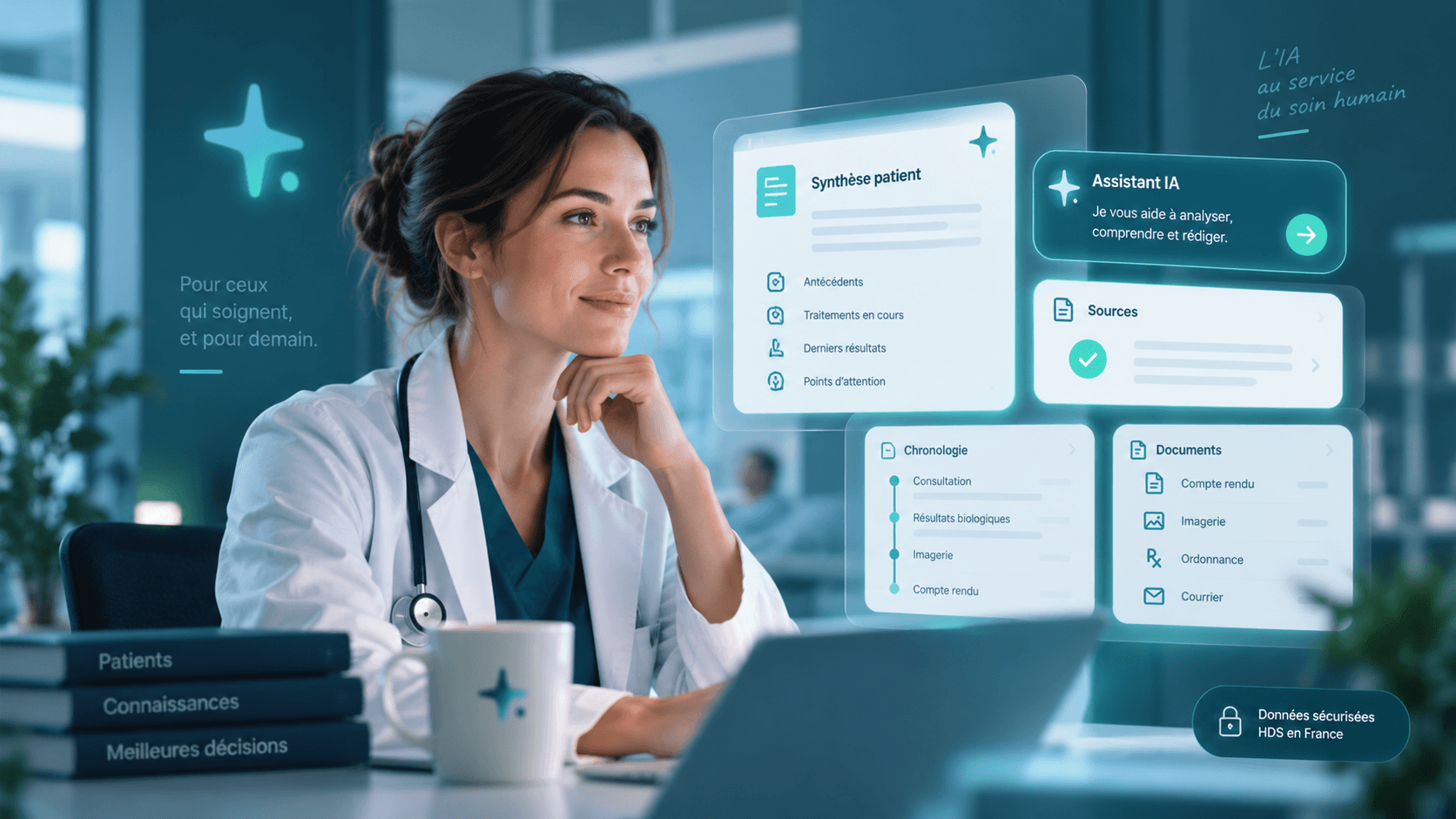 Médecin utilisant MedCopilot, un copilote d’intelligence artificielle en santé, pour consulter une synthèse du dossier patient et ses sources.